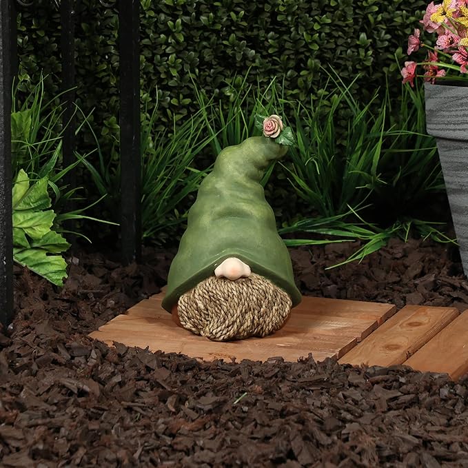 Alpine Corporation QWR1440 Outdoor Gnome Head with Rope Beard and Flower on Green Hat Garden Statue, 10" Tall