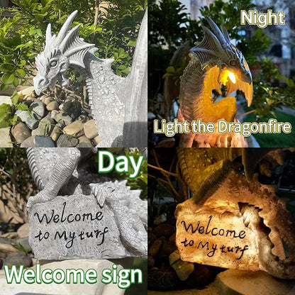 Garden Large Dragon Statue Solar Powered Outdoor Figurine Light The Dragonfire Welcome to My Turf Sign Big Resin Sculpture Home Decoration Housewarming Ornament Unique Gift