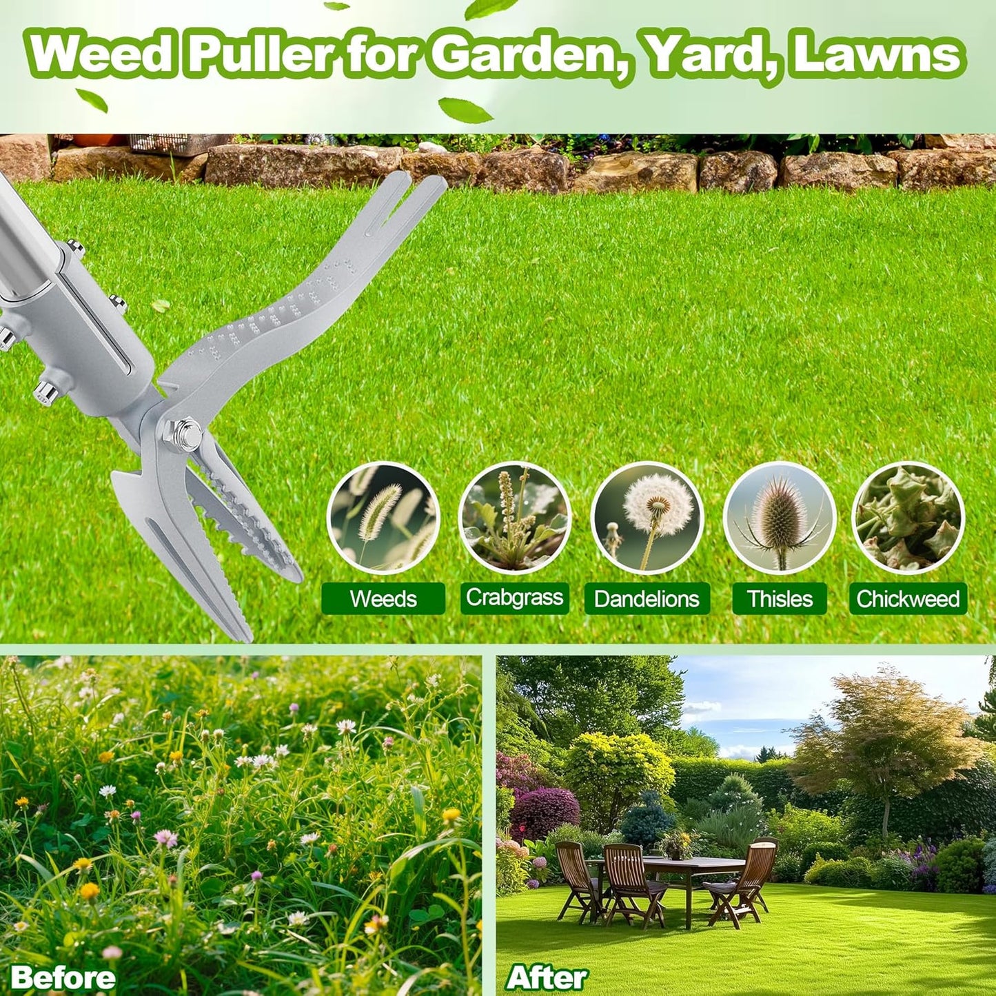 Weed Puller Tool with Gloves, Long Handle Stand Up Weed Tool, Heavy Duty Weeder Remover Tool with 4 Claw Steel Head for Garden, Yard, Lawns, Sidewalk