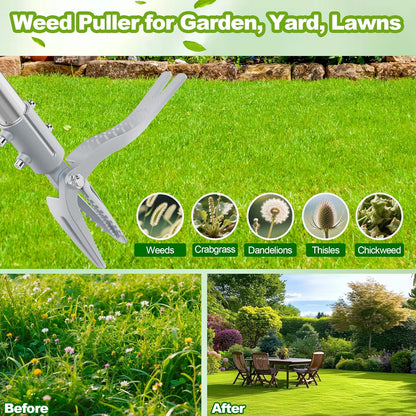 Weed Puller Tool with Gloves, Long Handle Stand Up Weed Tool, Heavy Duty Weeder Remover Tool with 4 Claw Steel Head for Garden, Yard, Lawns, Sidewalk