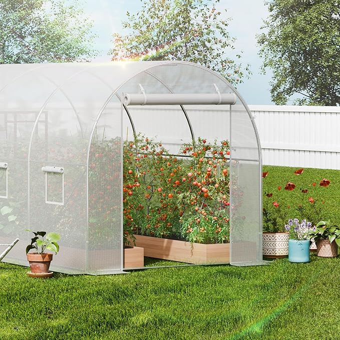 VEVOR Walk-in Tunnel Greenhouse, 14.6x6.4x6.3 ft Hoop House Greenhouse Tunnel, Plant Hot House with Galvanized Steel Frame, White PE Cover, Roll-up Zipper Door and 8 Windows for Outdoor