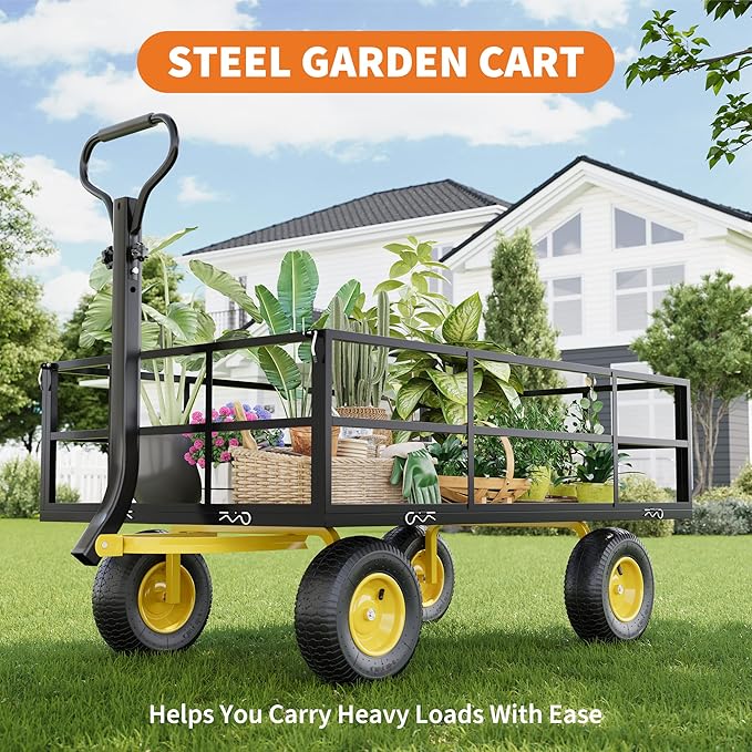 3-in-1 Heavy-Duty Steel Garden Cart, 1200 Lbs Garden Wagon, with 13 Inch All-Terrain Tires and Removable Mesh Side Panels, 180° Rotating Handle, Metal Multi-Function Carts, Outdoor Gardens Wagon Cart
