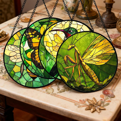 Stained Glass Window Hanging 4 Pcs Set Green Plants Yellow Insect Theme 6.3" - Suncatcher Door Garden Sun Catcher Decor Birthday Christmas for Mom Woman Nana Men