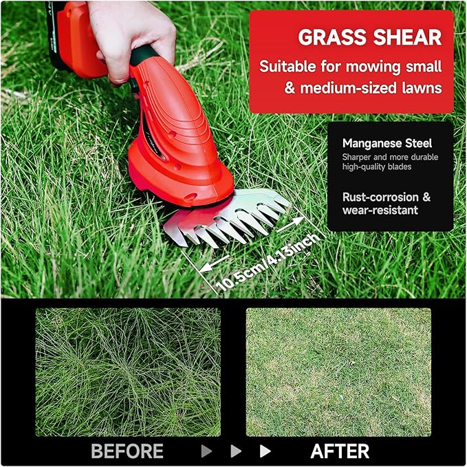 Hedge Trimmer Cordless,2 in 1 Hedge Shrub Grass Shears,21 V Electric Hedge Trimmer Grass Cutter Bush Trimmer with 2 PCS Rechargeable Battery for Garden, Lawn, Yard (Red)