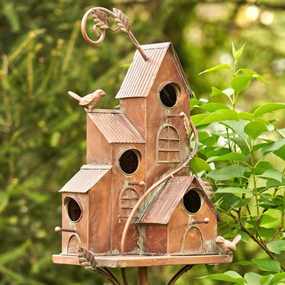 Large Copper Colored Multi-Birdhouse Stakes, Room for 4 Bird Families in Each (Castle Home)
