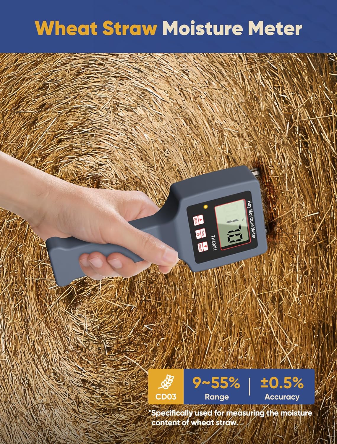 Hay Moisture Tester with Probe Accurate Moisture & Temperature Detection, Portable Hay Bale Moisture Tester for Forage and Alfalfa, with LED Warning & Automatic Temperature Compensation Moisture Meter