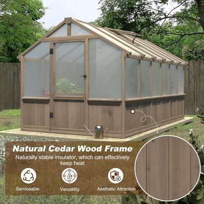 BlueWish 8x12 FT Greenhouse for Outdoors, Wood Green House with Cedar Frame & 6MM Thick Polycarbonate Panel, Walk in Greenhouse with Adjustable Vents for Outdoor, Patio, Garden, Backyard