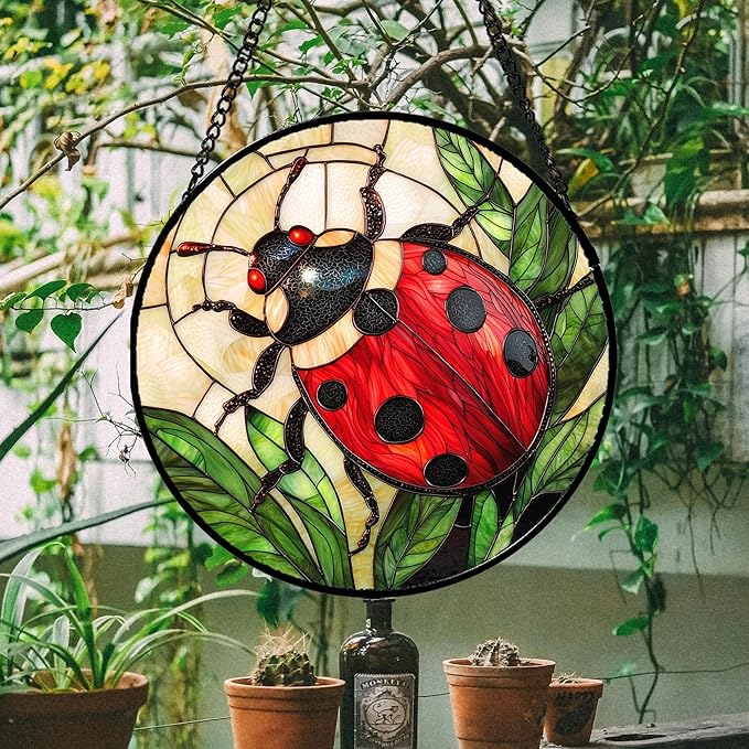 Stained Glass Window Hanging - Red Seven-Spotted Ladybug Sun Catcher for Door Home Decor Insect Suncatcher Christmas Mother's Day Birthday Gifts for Women Men Mom Nana 9.8 in