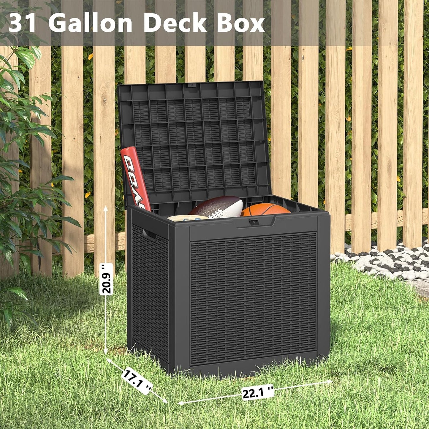 Outdoor Storage Box, Resin Deck Boxes Indoor and outdoor, Waterproof Storage Box Lockable Lid (Black, 31 Gallon)