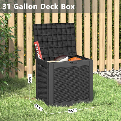 Outdoor Storage Box, Resin Deck Boxes Indoor and outdoor, Waterproof Storage Box Lockable Lid (Black, 31 Gallon)