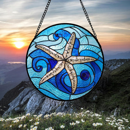 Stained Glass Window Hanging 4 Pcs Set Blue Ocean Waves 7.8" - Starfish Crab Seal Suncatcher Door Garden Sun Catcher Decor Birthday for Mom Woman Nana Men Friend