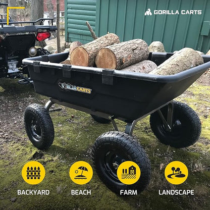 Gorilla Carts Heavy-Duty Poly Yard Dump Cart, 10 Cu Ft Tub, 1500 lb Haul Capacity, Black – Towable Utility Wagon with Quick-Release Dumping & Pneumatic Tires for Landscaping and Gardening