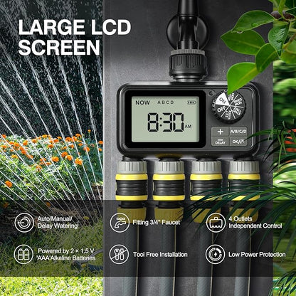 Sprinkler Timer,4 Outlets Programmable Water Timer for Garden Hose,Outdoor Hose Timers with Rain Delay/Manual/Automatic Watering System,Digital Irrigation Timers for Yard,Lawn