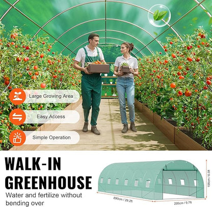 VEVOR Walk-in Tunnel Greenhouse, 29.2x9.7x6.5 ft Hoop House Greenhouse Tunnel, Plant Hot House with Galvanized Steel Frame, Green PE Cover, Roll-up Zipper Door and 12 Windows for Outdoor