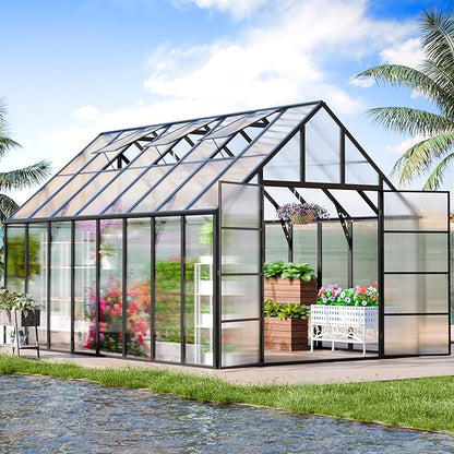 CDCASA 10x16x10 FT Greenhouse for Outdoors, Large Thicker Aluminum Polycarbonate Greenhouses w/3 Vents Window, Swing Door & Quickly T Connector Walk-in Green House for Outside, Backyard, Garden