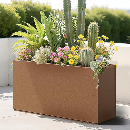 Large Rectangle Planter Metal Brown Planter Box with a Drainage Hole and a Removable Divider Indoor Outdoor Porch Pots for Tall Plants, Trees, Flowers 32.01"x 10" x 16.26" Brown