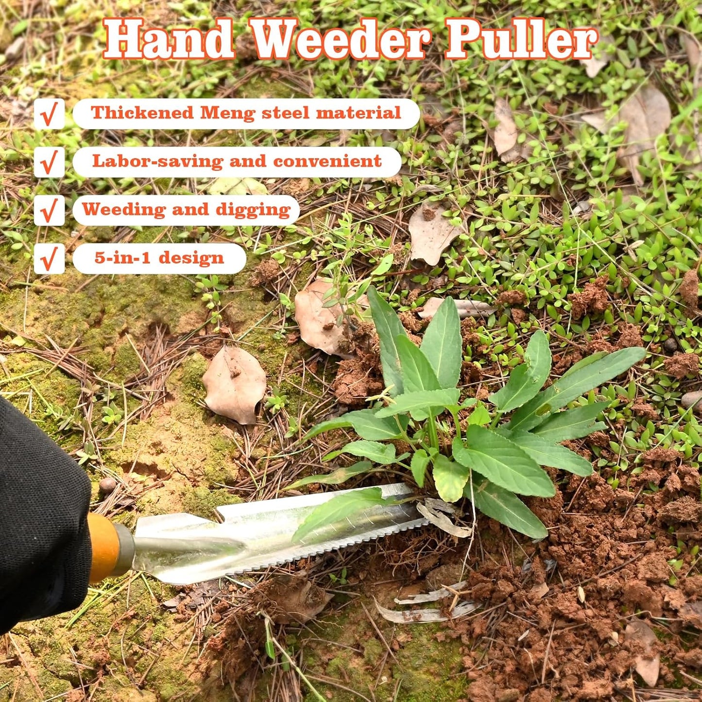 5-in-1 Stainless Steel Hand Weeder Puller Tool & Dandelion Fork Knife - Hand Weed Removal Tool for Weeding, Planting, Transplanting, Soil Cultivating & Flower Care（13.8-inches
