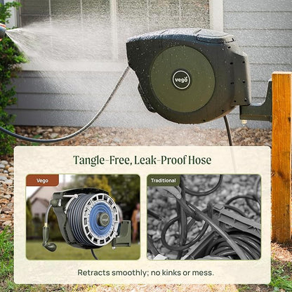 Vego Garden Hose Reel Retractable Hi-Flow Wall Mounted Hose Reel Automatic Rewind, Any Length Lock with 9 Patterns Sprayer Nozzle, Quick Connector and Adjustable shot Nozzle (Tidepool Blue, 100ft)