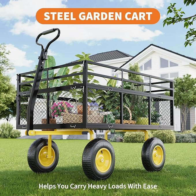 3-in-1 Heavy-Duty Steel Garden Cart, 1400 Lbs Garden Wagon, with 13 Inch All-Terrain Tires and Removable Mesh Side Panels, 180° Rotating Handle, Metal Multi-Function Carts, Outdoor Gardens Wagon Cart