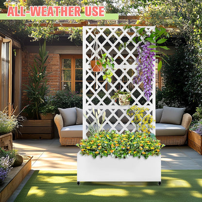 Metal Planter Box with Trellis, Raised Garder Bed with Drainage Hole, Privacy Screen & Trellis for Climbing Plants, Outdoor Plant Stands, 35''L×17''W×73''H, White