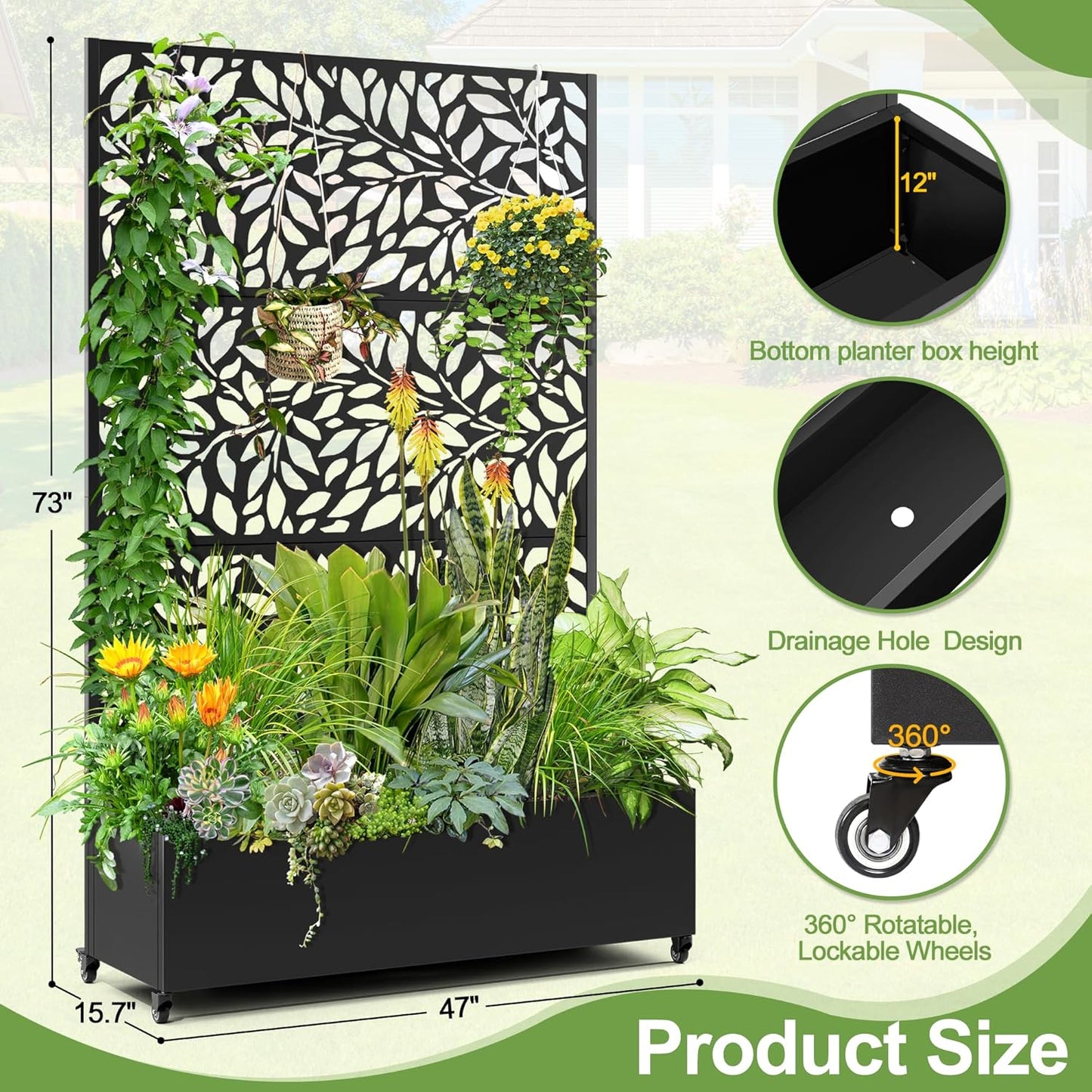 Raised Garden Bed with Trellis and Wheels,73"x47"x16" Metal Raised Garden Bed,Black Flowing Leaf-2 Metal Planter with Climbing Trellis for Vines & Vegetables