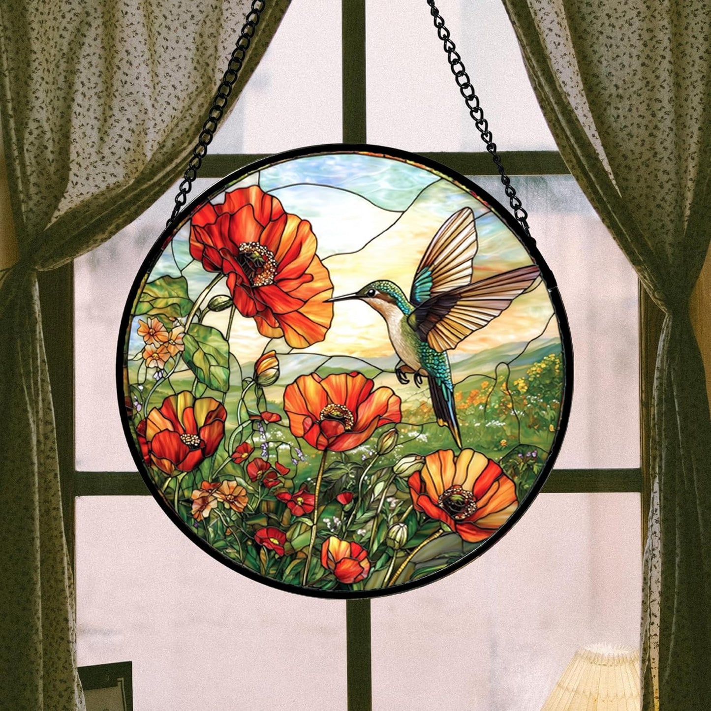 Stained Glass Window Hanging, Hummingbirds Orange Flowers Suncatcher Diamond Glass Panel Hangings Sun Catchers Decor for Birthday for Women, Men, Wife, Aunt, and Mom 14.9 in