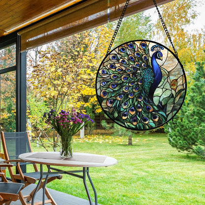 Stained Glass Window Hanging, Blue Green Peacock Decor Suncatcher for Door Garden Home Decoration Bird Sun Catchers Christmas Mother's Day Birthday Gifts for Women Men Mom Nana Friend 9.8 in