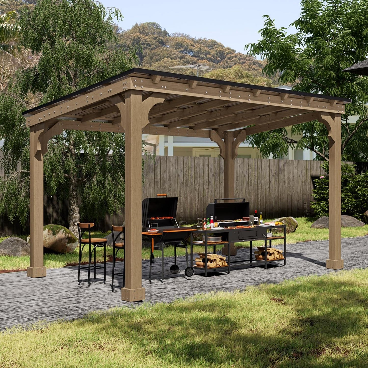 MUPATER 10 x 12 FT Wooden Grill Gazebo with Sloping Metal roof, Heavy Duty 5.5'' Post, Grill Gazebo Canopy Suitable for Full Size Grills, BBQ Canopy for Outdoor Patio, Lawn, Garden, Brown