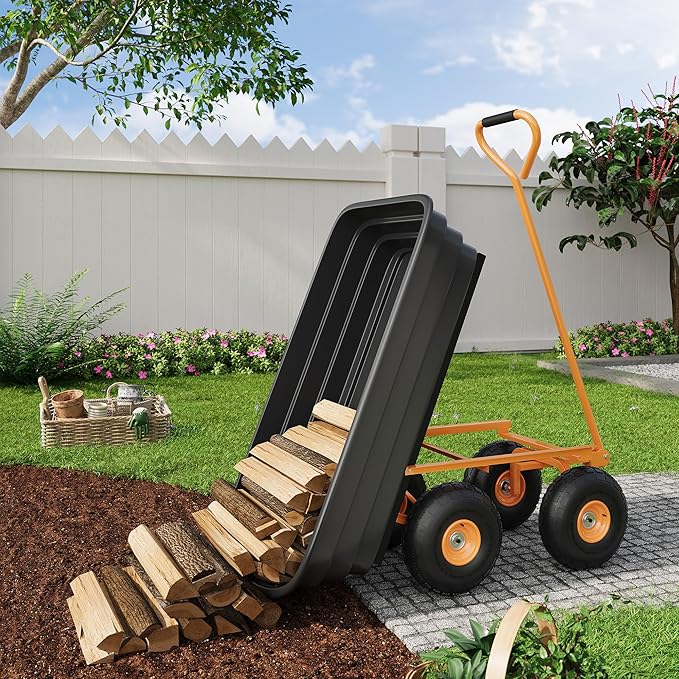 Garden Dump Cart - 600Lb Capacity Heavy Duty Yard Utility Garden Cart with Removable Dump Bed, All-Terrain Tires & 180° Adjustable Handle for Soil, Plants, Tools