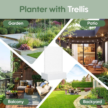 Double Metal Planter Box with Trellis Privacy Screen, Raised Garden Bed with Trellis & Wheels, Planter Box Outdoor with Drainage Holes for Climbing Plants, Vegetable, Vines,73"x 47"x 30", White