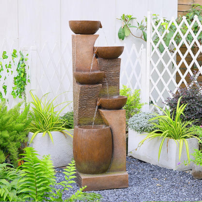 51.4" H Large Water Fountain Outdoor&Indoor, 5-Tiers Cascading Modern Feature Crocks Garden Fountains and Waterfalls with Warm Lights for Porch, Deck, Patio, Home Décor (Brown)