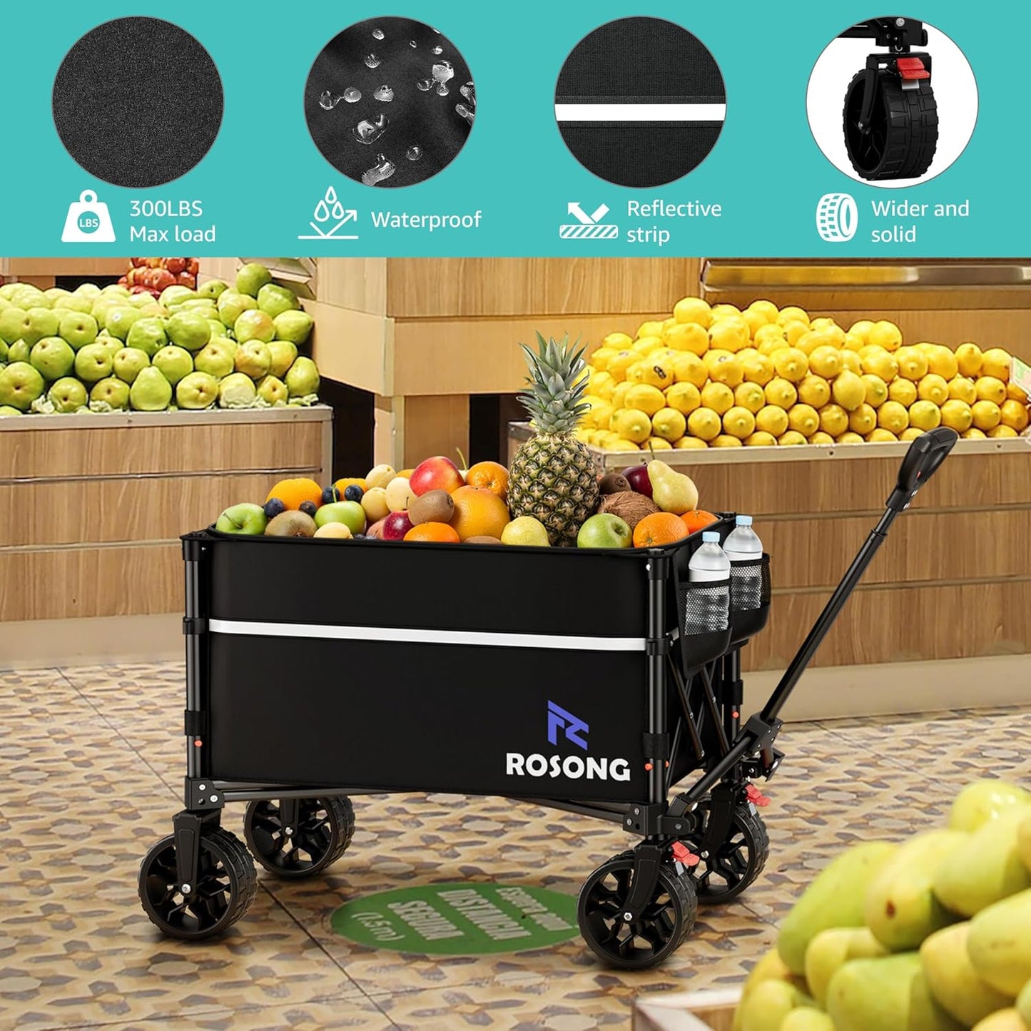 Collapsible Wagon Cart with Wheels Foldable - Folding Utility Heavy Duty Wagons Carts for Grocery Sports Garden Shopping Camping Wheelbarrows (Black with Cover, 120L)