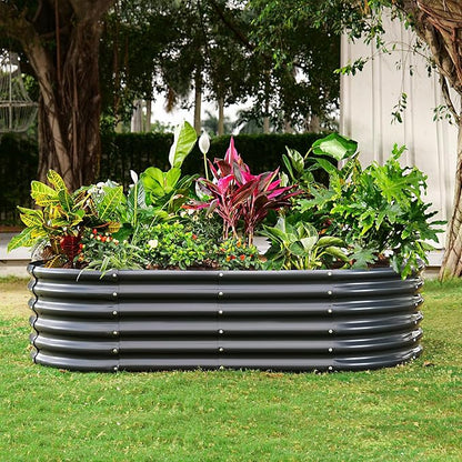 Land Guard Galvanized Metal Raised Garden Bed Kit, 8x4x1.5ft Large Planter Boxes Outdoor, Oval Gardening Box, Patio Garden Planter Box for Vegetables (Grey)