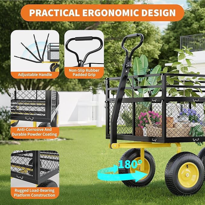 Metal Wagon - 1400lbs Garden Cart with 10" Multi-Terrain Tires, 4 Removable Mesh Sides & 180° Swivel Handle, Yard Wagon Cart for Lawn, Yard, Patio Gardening
