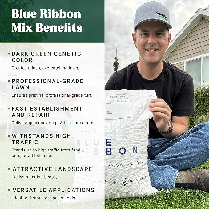 Nature’s Seed Jimmy's Blue Ribbon Mix, Kentucky Bluegrass and Perennial Ryegrass Grass Seed Blend, High-Traffic, for Garden, Lawn, Yard, 5 lbs