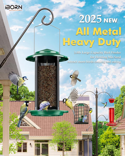 iBorn Bird Feeders for Outdoors, All Metal Mesh Tube, Holding Bird Seed for Outside Feeders,18cm Large Roof, Green, 2.8lb(Seed is not Included)