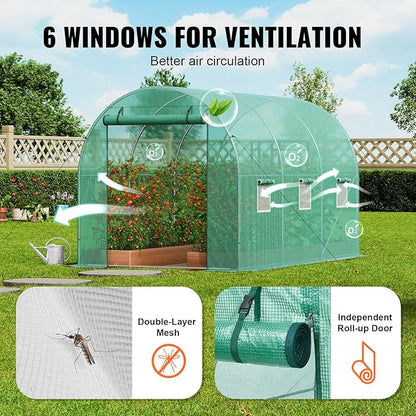 VEVOR Walk-in Tunnel Greenhouse, 11.3x6.4x6.3 ft Hoop House Greenhouse Tunnel, Plant Hot House with Galvanized Steel Frame, Green PE Cover, Roll-up Zipper Door and 6 Windows for Outdoor