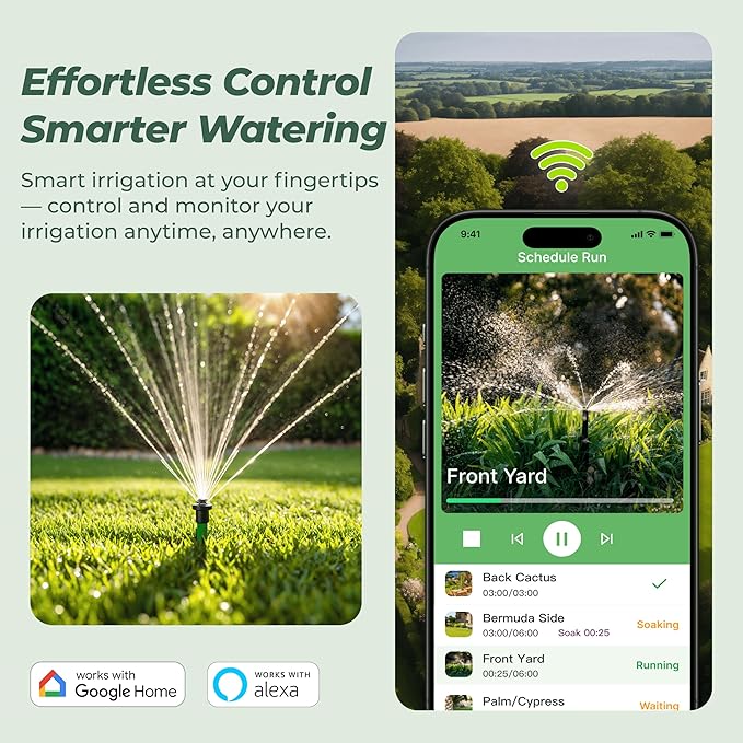 ImoLaza Outdoor Smart Sprinkler Controller, 8-Zone WiFi Irrigation Controller with Hyper-Local Weather, App Remote Control, Works w/ Alexa, Auto Watering, Rain/Freeze/Wind Skip, Smart Fault Detection