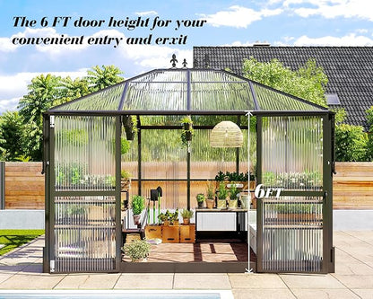 Jocisland 11x8.3x8.6 FT Polycarbonate Greenhouse- 6 FT Wall Height Outdoor Aluminum Greenhouses with 2 Ventilation and Rain Gutter, Double Doors with Hook, Walk-in Greenhouse for Backyard Garden
