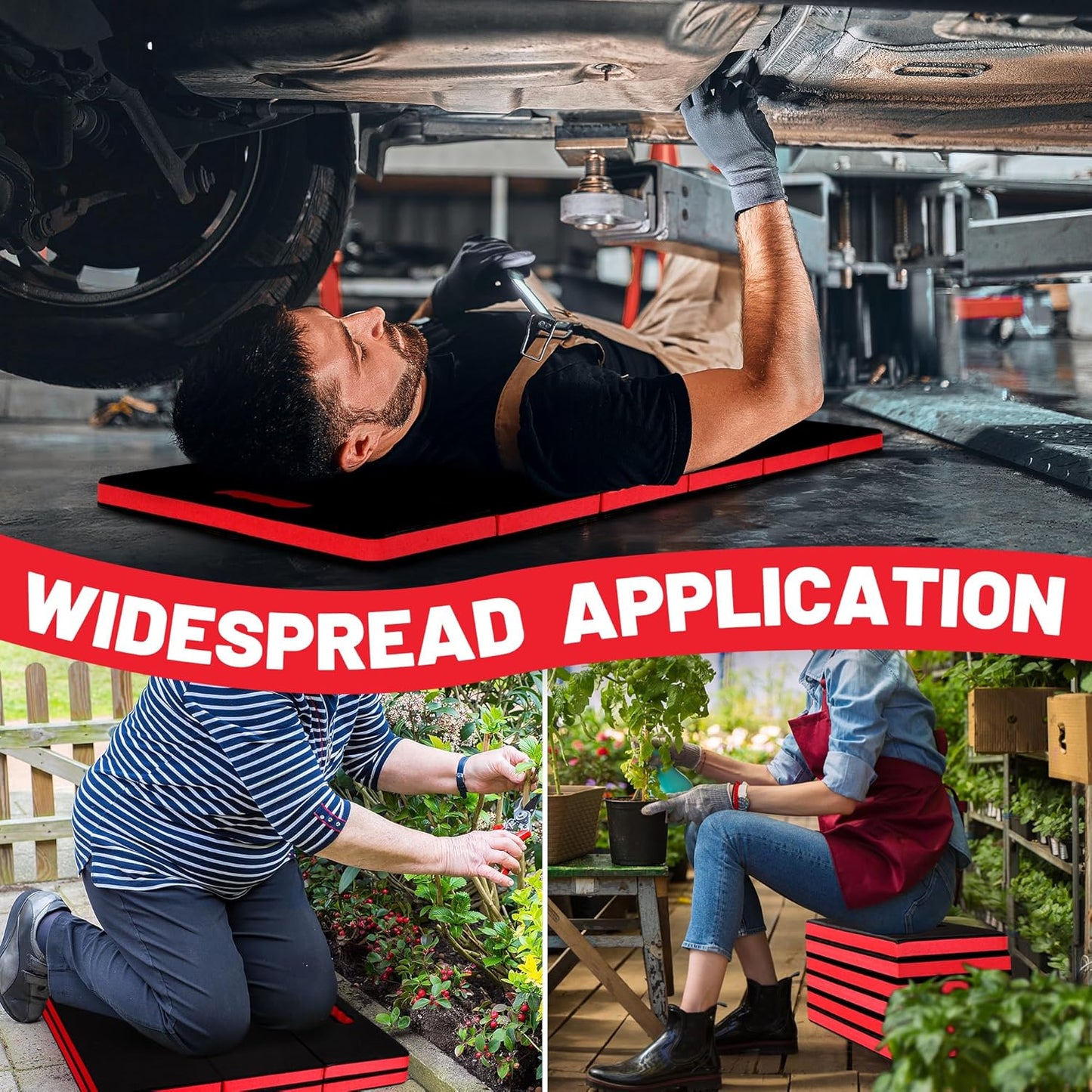 Extra Thick Kneeling Pad for Working Under Car, 47.2 * 17.7 * 1.2" Portable Foldable EVA Mechanic Mat for Garage, Gardening, Yardwork, Workshop, Red & Black
