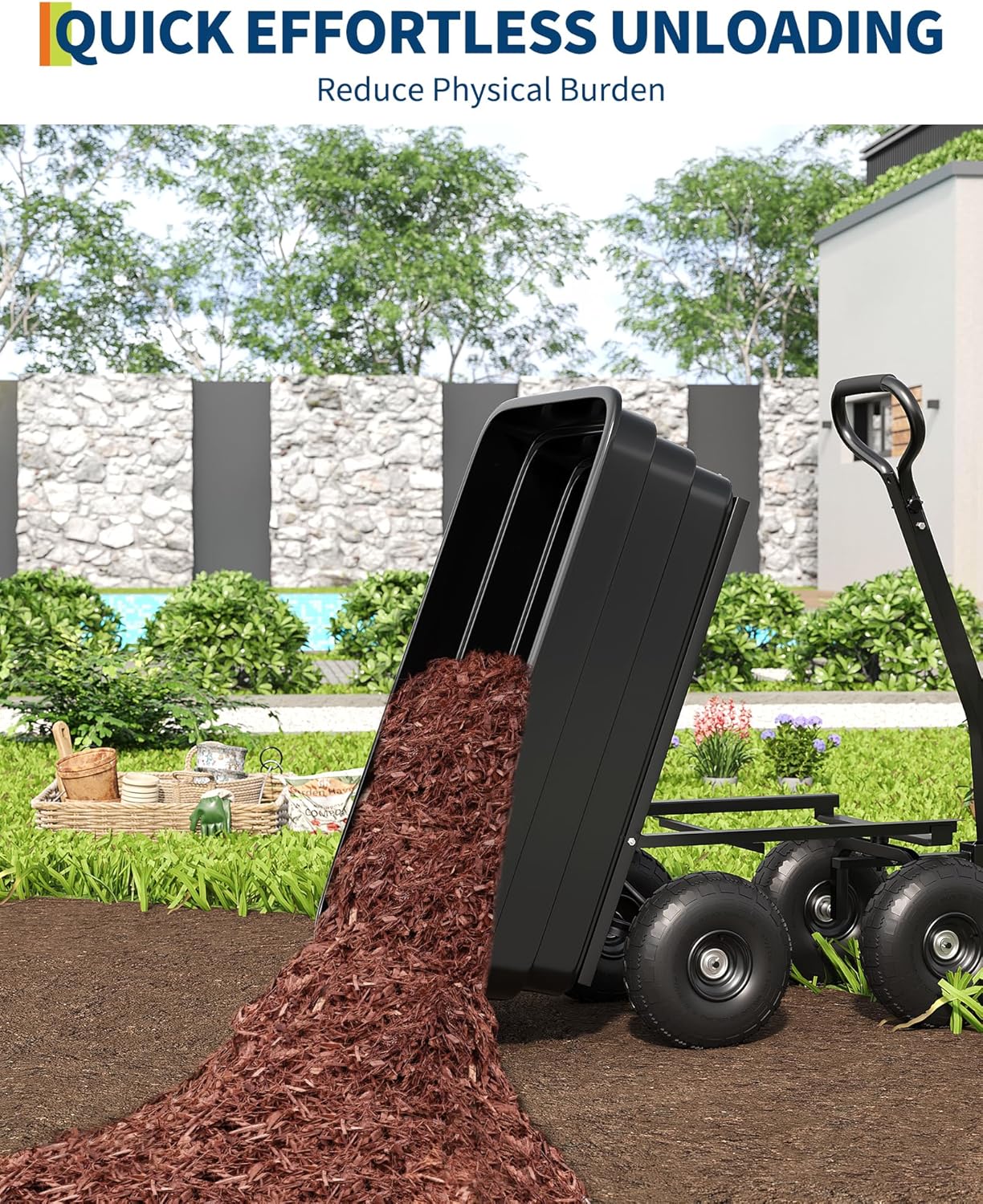 GarveeLife Poly Dump Cart - Heavy Duty 1200lbs Garden Cart with Quick-Release Dumping 13" Tires, Utility Wagon for Yard Work, Landscaping, Gardening