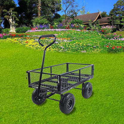 Wagon With Removable Sides for Farms, Warehouses - Garden Dump Cart With Air Wheels (Black) - Essential for Your Dream Garden