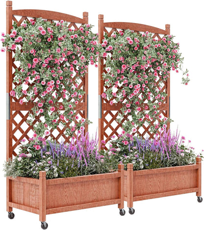 Wooden Raised Planter Box with Trellis and Wheels, 75x33x150Cm Privacy Screen Planter for Patio Garden