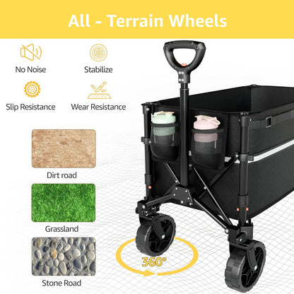 Collapsible Wagon Cart with Wheels Foldable - Folding Utility Heavy Duty Wagons Carts for Grocery Sports Garden Shopping Camping Wheelbarrows (Black, 120L)