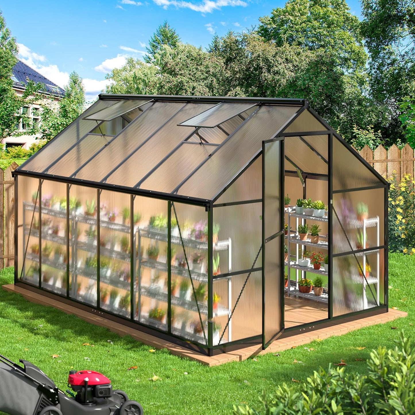 WKM 8x12 FT Greenhouse for Outdoors, Quick-fit Structure Green House with Window for Ventilation, Aluminum Greenhouse for Garden Backyard, Black