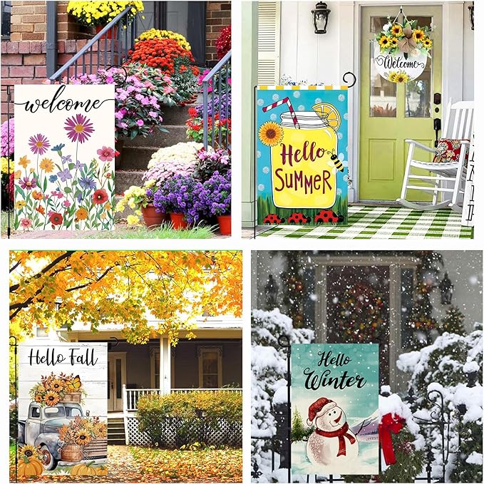 Seasonal Garden Flags Set of 12 Double Sided 12 x 18 Inch, Small Yard Flags for Outside, Summer Fall Garden Flag, Christmas Halloween Winter Outdoor Flag, Holiday Garden Decorations for All Season