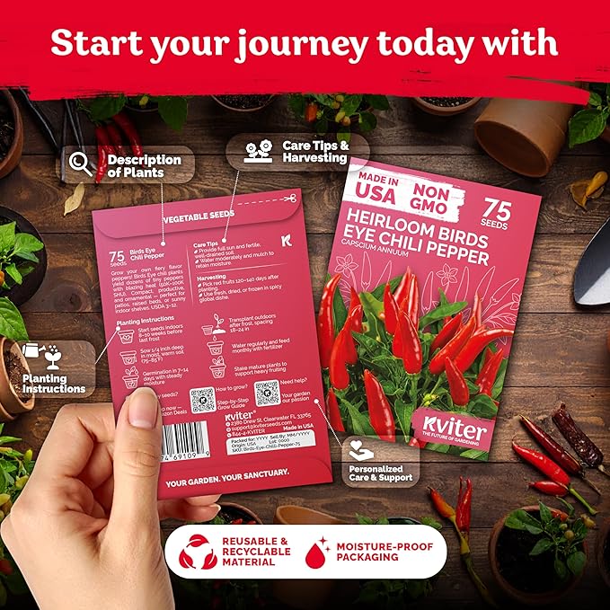 KVITER 75 Birds Eye Chili Pepper Seeds for Planting (Capsicum Annuum) — Thai Chili Red Pepper, Extra‑Hot 50K-100K SHU, High‑Yield Bush — Heirloom & Organic Vegetable Seeds for Outdoor & Indoor Garden