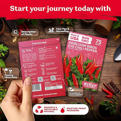 KVITER 75 Birds Eye Chili Pepper Seeds for Planting (Capsicum Annuum) — Thai Chili Red Pepper, Extra‑Hot 50K-100K SHU, High‑Yield Bush — Heirloom & Organic Vegetable Seeds for Outdoor & Indoor Garden