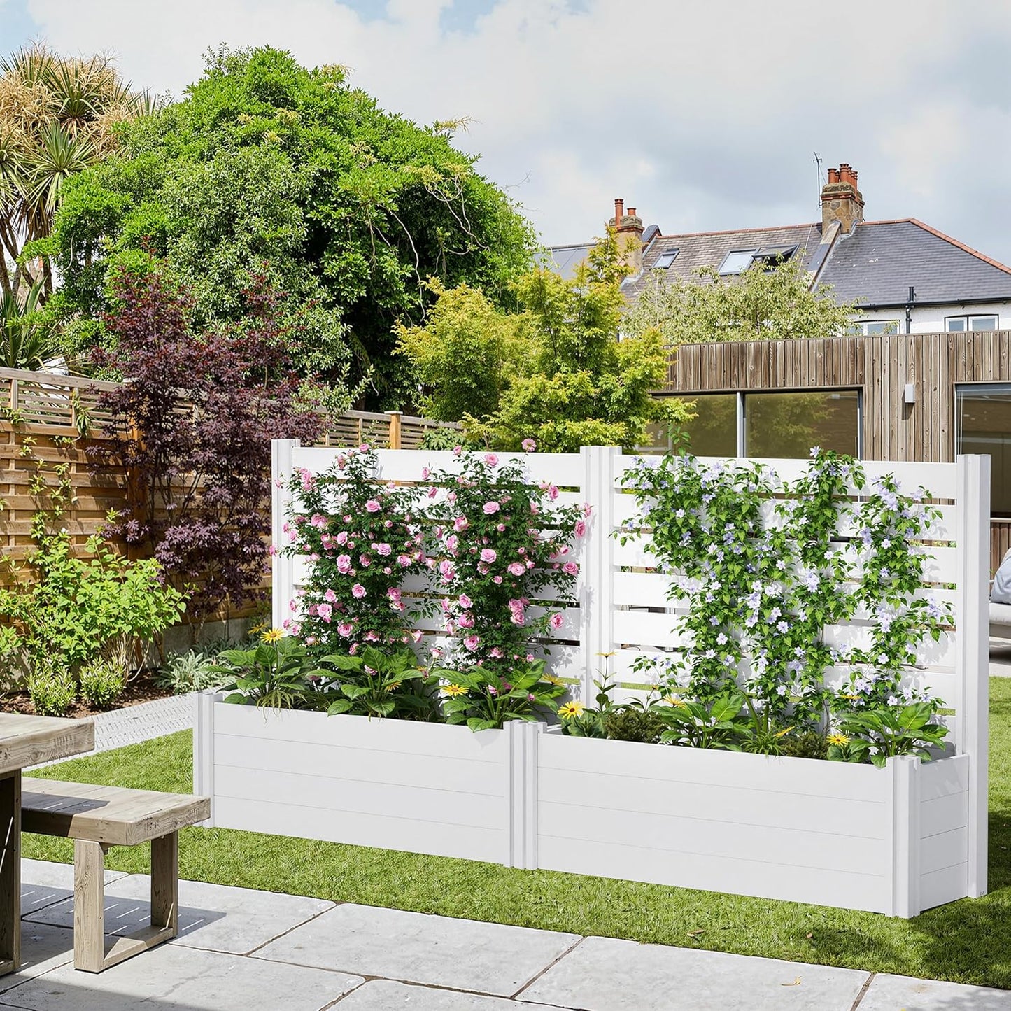 Casaphoria Raised Garden Bed with Trellis, 72"x47"x16" Planter Box with Open Bottom for Gardening Vegetables & Vines and Climbing Plants, White