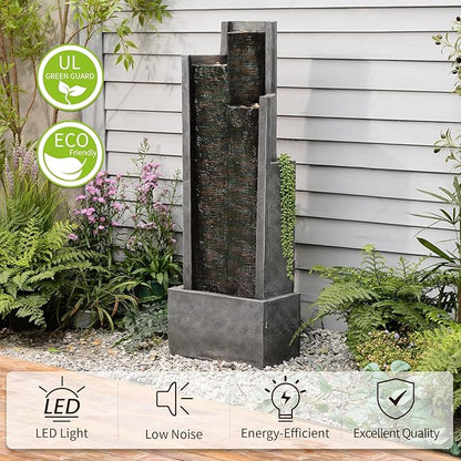 Modern Indoor Water Fountain,49.6" H Outdoor Garden Water Fountains Cascading Floor - Standing Tall Waterfall Outdoor Feature with LED Lights for Patio, Backyard, Deck, Porch and Home Art Decor
